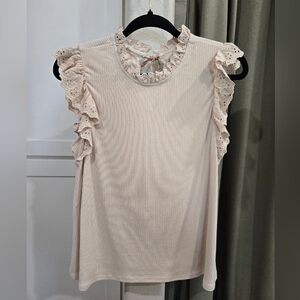 Hem & Thread Pale Blush Eyelet Ruffle Sleeve Knit Top